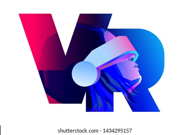 VR letter logo design. Woman wearing virtual or augmented reality glasses. Vector illustration