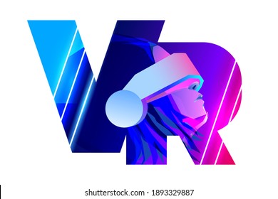 VR Buchstaben Logo. Frauen mit virtueller oder erweiterter Realitätsbrille auf abstraktem neonalem Hintergrund. Vektorgrafik