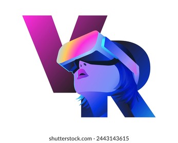 VR letters logo. Woman wearing virtual or augmented reality glasses on color background. Vector illustration