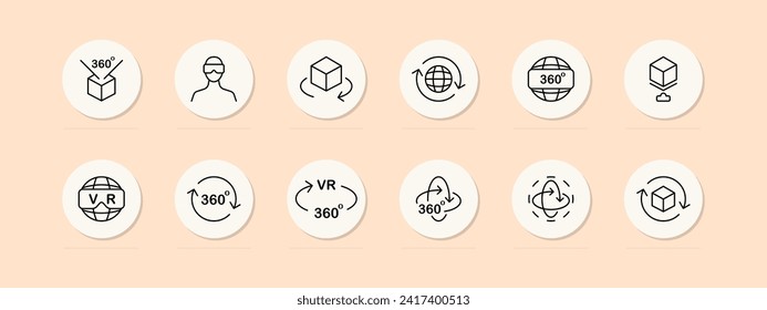 VR line icon set. 360 degrees, virtual reality helmet, future technologies, viewing. Pastel color background. Vector line icon for business and advertising