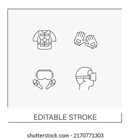 VR Line Icons Set. Virtual Reality Haptic Gloves And Suit, Headset Computer, Applications Etc. Modern Technology Concepts. Isolated Vector Illustrations.Editable Stroke