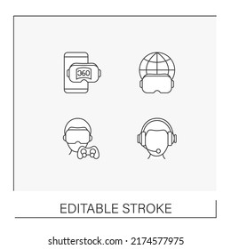 VR Line Icons Set. Virtual Reality Haptic Gloves And Suit, Headset Computer, Applications Etc. Modern Technology Concepts. Isolated Vector Illustrations.Editable Stroke