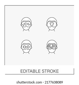 VR Line Icons Set. Virtual Reality Haptic Gloves And Suit, Headset Computer, Applications Etc. Modern Technology Concepts. Isolated Vector Illustrations.Editable Stroke