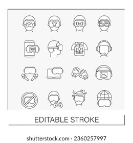 VR line icons set. Virtual reality haptic gloves and suit, headset computer, applications etc. Modern technology concepts. Isolated vector illustrations.Editable stroke