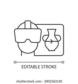 VR linear icon. Virtual reality for interactive classes. Innovative film production. Thin line customizable illustration. Contour symbol. Vector isolated outline drawing. Editable stroke