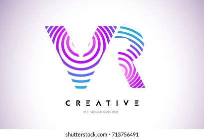 VR Lines Warp Logo Design.Vector Letter Icon Made with Purple Circular Lines.