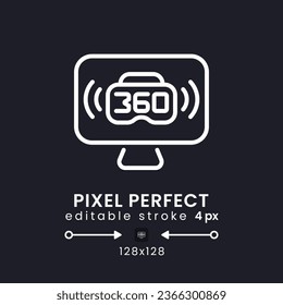 VR live streaming white linear desktop icon on black. Virtual reality. Interactive content. Pixel perfect 128x128, outline 4px. Isolated user interface symbol for dark theme. Editable stroke