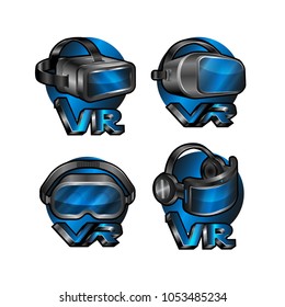 VR logo design template set. Vector virtual reality emblem illustration. Head mounted display emblem.  VR headset logotype set isolated on white, EPS 10 
