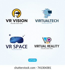 VR Logo Design Template Set. Vector Virtual Reality Logotype Illustration With Electronic 3d Glasses Headset. Graphic Cyber Space Technology And Games Device Icon Symbol. Head Mounted Display Emblem