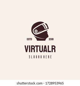 VR logo hipster retro vintage vector template, Man Head Virtual Reality glasses helmet icon vector concept