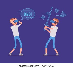 VR man having battle positive experience. Holding sword, enjoying technology to stimulate real game, feeling of another world. Virtual reality and entertainment. Vector flat style cartoon illustration