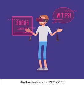 VR man having negative experience, problems. Error mark, headset device disorder, incorrect view, user frustrated with mistake. Virtual reality, entertainment. Vector flat style cartoon illustration