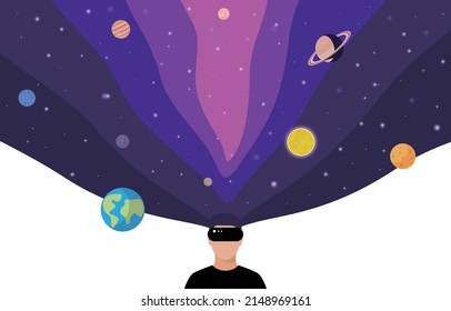 VR y Metaverse Concepts, hombre con gafas VR y tocando la pantalla. Sistema solar con planetas