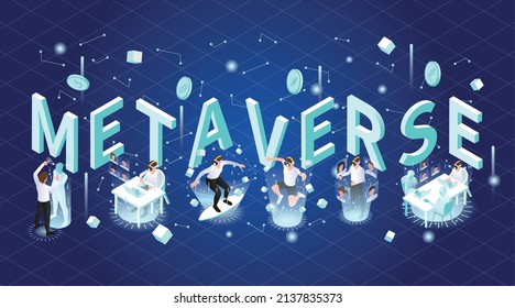 Vr metaverse isometric colored composition big headline or logo with players wearing glasses can see 3D projections vector illustration