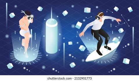 Vr metaverse isometric composition man wearing virtual reality goggles flies on board in weightlessness vector illustration