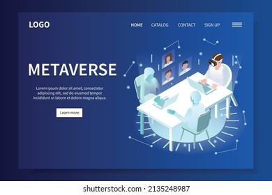 Vr metaverse isometric web site banner or landing page with links big headline and learn more button vector illustration