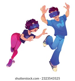 Vr metaverse p2e technology for character game in glasses vector illustration. Future virtual reality tech concept with people play videogame in headset. Futuristic online gamefi experience for girl