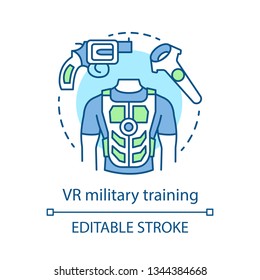 VR Military Training Concept Icon. Battlefield Simulation. Virtual Reality Equipment. VR Soldier Practice. Flight Simulator Idea Thin Line Icons. Vector Isolated Outline Drawing. Editable Stroke