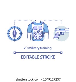 VR Military Training Concept Icon. Battlefield Simulations.  Virtual Reality Equipment. VR Soldier Practice. Flight Simulator Idea Thin Line Icons. Vector Isolated Outline Drawing. Editable Stroke