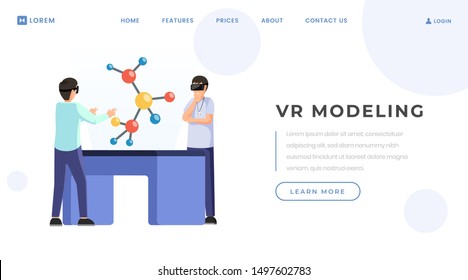 VR modeling landing page vector template. Modern science and technology innovation website homepage interface idea with flat illustration. Virtual reality research web banner cartoon concept
