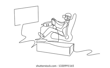 VR motion chair, racing simulator continuous one line drawing. 3D video game vector silhouette clipart. Character in virtual reality glasses, headset minimalistic illustration. Isolated design element