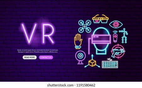 VR Neon Banner Design. Vector Illustration of Virtual Reality Promotion.