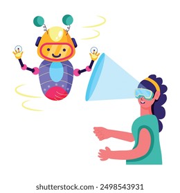 Vr persona con asistente virtual, ilustración plana  