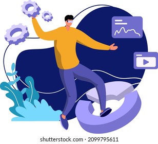 VR Platform Flat Illustration Metaverse Virtual Reality concept, color dark blue, yellow, green minimal style, can be used for landing page, web, UI, banner, template, background, web development.