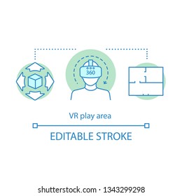 VR play area concept icon. 360 degree video. Room-scale setups. Virtual reality 3d environment idea thin line illustration. Vector isolated outline drawing. Editable stroke
