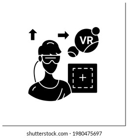 Icono de glifo de área de reproducción VR. Área donde los jugadores pueden sumergirse en el mundo 3D. Habitación especial, lugar. Concepto de tecnología moderna. Señal plana rellena. Ilustración vectorial de silueta aislada