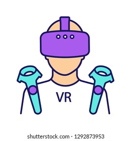 VR player color icon. Virtual reality player. Man with VR mask, glasses, headset and wireless controllers. Isolated vector illustration