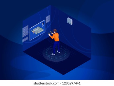 VR player isometric vector illustration. Virtual reality game experience. Futuristic digital technology. Person playing 3d concept. 