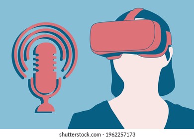 VR PODCAST concept vector illustration. Woman using VR glasses, podcast icon. VR experience. EPS10.
