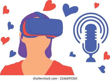 VR PODCAST concept vector illustration. Woman using VR glasses, podcast icon and floating hearts. VR experience. EPS10.