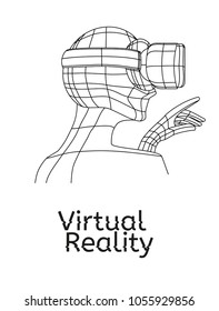 Vr poster. Man in virtual reality headset pointing with his hand in the direction of 3d projection. Linear objects and elements. Profile view of the person. Virtual reality world and simulation.