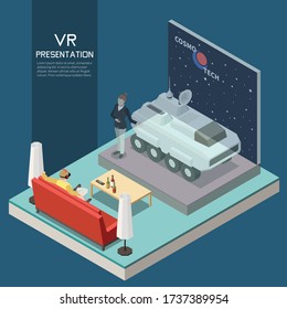 VR Presentation Concept With Virtual Exhibition Symbols Isometric Vector Illustration