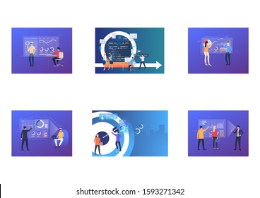 VR product set. Software developers analyzing virtual charts, writing codes. Flat vector illustrations. Information technology concept for banner, website design or landing web page