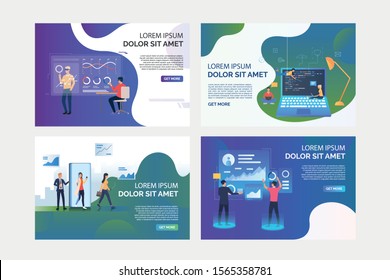 VR product test set. Users in VR headsets analyzing virtual reports, programmers writing codes. Flat vector illustrations. Modern technology concept for banner, website design or landing web page
