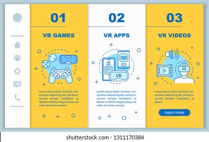 VR programs onboarding mobile web pages vector template. Virtual reality videos, apps, games. Responsive smartphone website interface idea. Webpage walkthrough step screens. Color concept