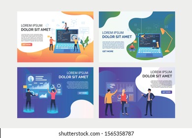 VR project development set. Developers working on computers, analyzing virtual reality charts. Flat vector illustrations. Modern technology concept for banner, website design or landing web page