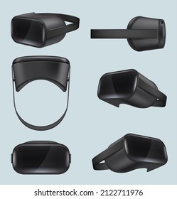 Vr realistic. Helmet with controllers for 360 degree views futuristic electronic gadgets decent vector virtual reality concept pictures