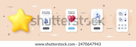 Vr, Refresh cart and Journey line icons pack. Phone screen mockup with 3d bell, star and placeholder. No puzzle, Map, Sale tag web icon. Surprise, Fireworks rocket pictogram. Vector