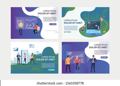 VR report analyzing set. Developers testing VR product, programmers writing codes. Flat vector illustrations. Modern technology concept for banner, website design or landing web page