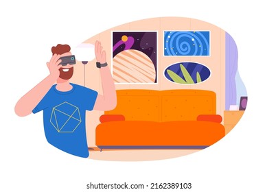 Vr Room. Immersive Exhibition Virtual Painting Of Museum, Augmented Reality Tour In House, Digital Presentation Home Interior Future Cyber Technology, Splendid Vector Illustration