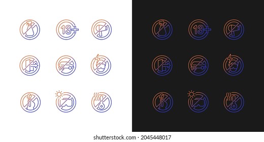 Vr rules gradient manual label icons set for dark and light mode. Thin line contour symbols bundle. Isolated vector outline illustrations collection on black and white for product use instructions