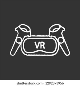 VR set chalk icon. Virtual reality headset and controllers. VR glasses with remote control, gamepad. Isolated vector chalkboard illustration