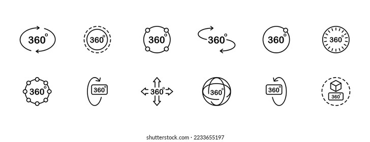 Icono de conjunto VR. Realidad virtual, 360 grados, flechas, ángulos de visión, cubo, gafas, computadora, espacio, jugador, juego. Concepto metaverso. Icono de línea de conjunto negro vector en fondo blanco