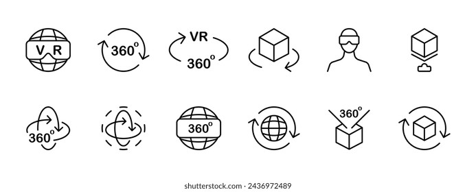 VR set icon. Virtual reality helmet, 360 degrees, full coverage, freedom of movement, VR zone, augmented reality. The concept of VR technologies and services related to them. Vector line icon.