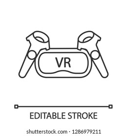VR set linear icon. Virtual reality headset and controllers. Thin line illustration. VR glasses with remote control, gamepad. Contour symbol. Vector isolated outline drawing. Editable stroke