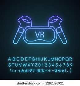 VR set neon light icon. Virtual reality headset and controllers. VR glasses with remote control, gamepad. Glowing sign with alphabet, numbers and symbols. Vector isolated illustration